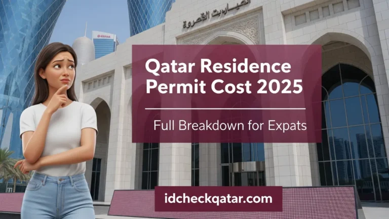Confused expat woman in front of Qatar immigration building with text 'Qatar Residence Permit Cost 2025 – Full Breakdown for Expats' and idcheckqatar.com branding