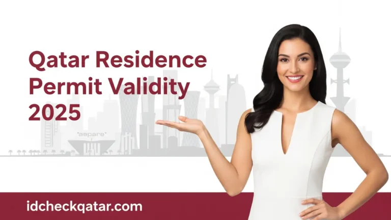 Qatar residence permit validity 2025 featured image with smiling woman, Doha skyline, and idcheckqatar.com branding in maroon color