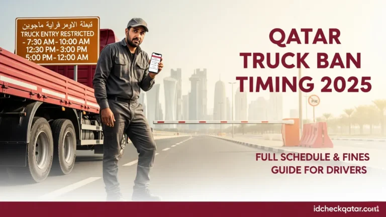 Confused truck driver standing beside a red cargo truck in Doha, Qatar, holding a phone and looking at a road sign showing Qatar truck ban timing for 2025 with restricted hours 7:30 AM–10:00 AM, 12:30 PM–3:00 PM, and 5:00 PM–12:00 AM, Doha skyline in background.
