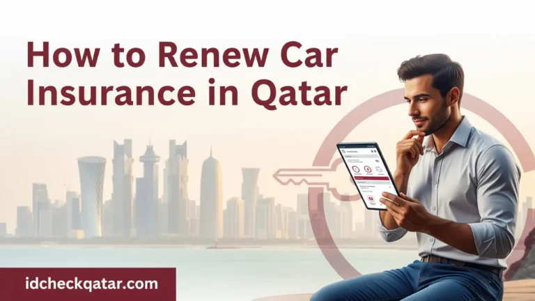 How to renew car insurance in Qatar using online portal – man reviewing digital insurance policy on tablet with Doha skyline, idcheckqatar.com branding.