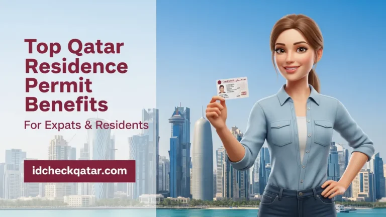 Smiling expat woman holding Qatar ID with Doha skyline in background, showcasing top Qatar residence permit benefits for expats and residents, idcheckqatar branding visible
