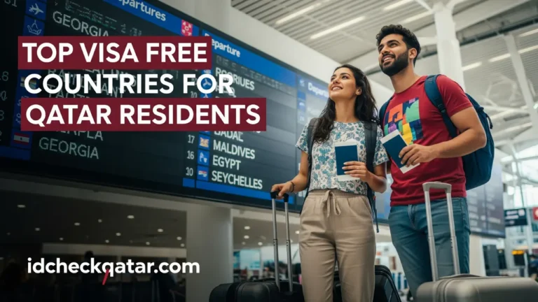 Young Qatar residents at airport with passports and luggage looking at flight board showing Georgia Maldives Egypt Seychelles text overlay Top Visa Free Countries for Qatar Residents idcheckqatar.com branding