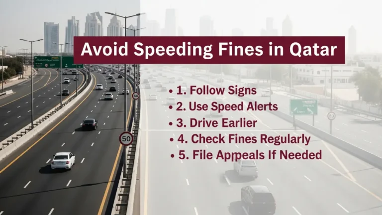 Qatar Speeding Fines 2025 – Avoid Costly Penalties Now 4 Avoid speeding fines in Qatar – driving tips including follow signs, use speed alerts, drive earlier, check fines regularly, and file appeals if needed.