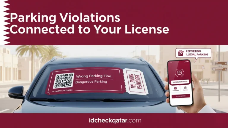 Qatar Driving License Violation 2025 – Fines & Black Points 2 Parking violations connected to your license in Qatar showing a wrong parking fine ticket on a car windshield and Metrash app reporting illegal parking.