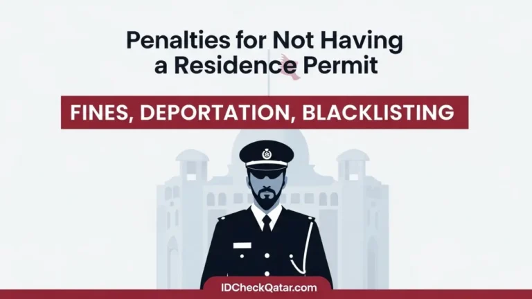 Qatar Residence Permit for Domestic Workers | 2025 Complete Guide 7 Penalties for not having a Residence Permit in Qatar – infographic with MOI officer and warning text fines, deportation, and blacklisting