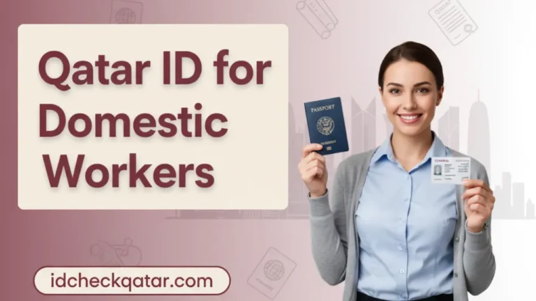 Qatar ID for Domestic Workers guide with woman holding passport and QID card, representing residence permit process in Qatar with branding idcheckqatar.com.