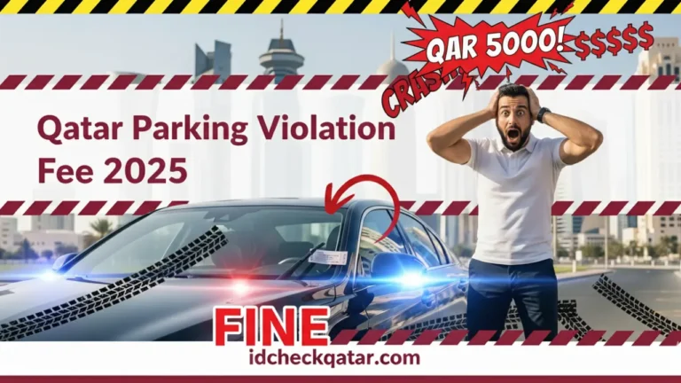 Qatar Parking Violation Fee 2025 feature image showing a shocked man near his car with a parking ticket on the windshield, bold maroon title text, QAR 5000 fine graphic, and idcheckqatar.com branding for high CTR.
