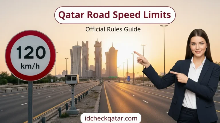 Qatar road speed limits sign 120 km/h on Doha highway with skyline at sunset, woman pointing to traffic rules guide – idcheckqatar.com
