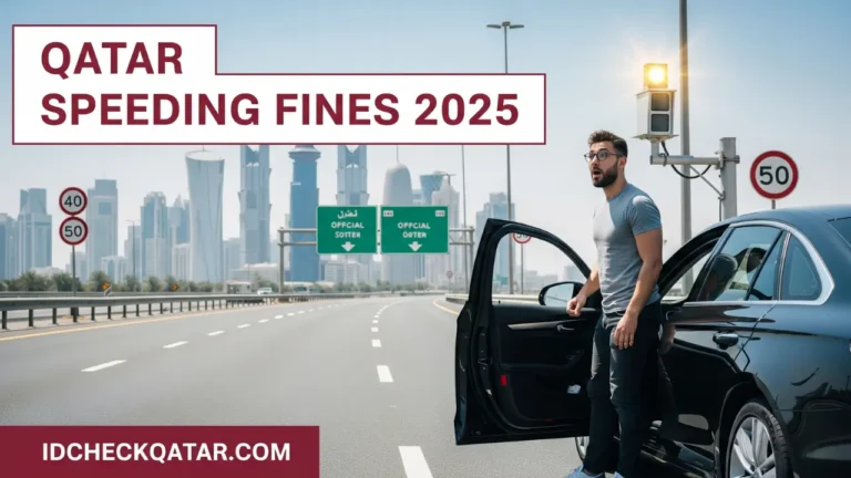 Qatar Speeding Fines 2025 – driver surprised by radar camera on Doha highway with official signage.