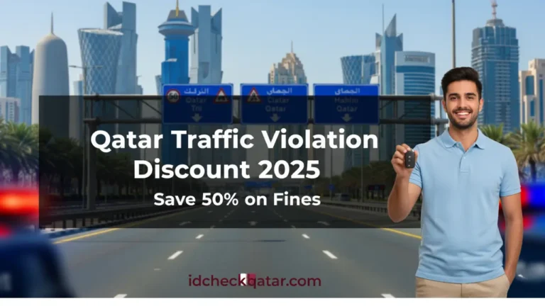 Qatar traffic violation discount 2025 design with Doha city road background man smiling holding car key save 50 percent on fines idcheckqatar.com branding