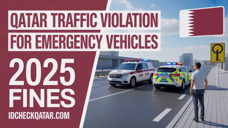 Qatar Traffic Violation for Emergency Vehicles 2025 Fines with ambulance, police car, and driver on Doha road – idcheckqatar.com