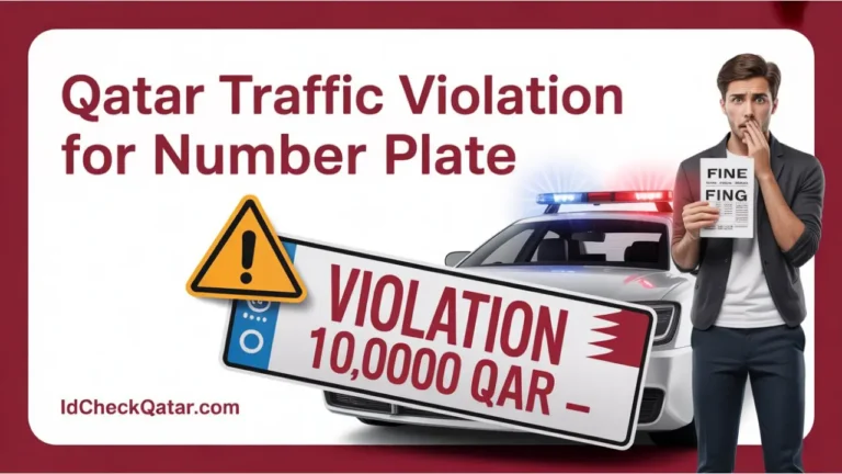 Qatar Traffic Violation for Number Plate illustration showing a worried man holding a fine notice, police car with flashing lights, warning sign, and a Qatari number plate marked with “Violation 10,000 QAR”, with branding IdCheckQatar.com.