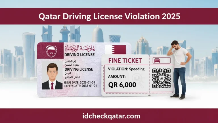 Qatar Driving License Violation 2025 illustration showing a driving license, fine ticket of QR 6,000 for speeding, and a man in casual dress looking worried.