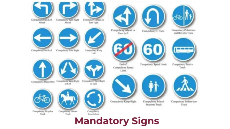 Qatar Traffic Signs 2025 – Meanings, Rules & Driving Test Guide 2 Qatar mandatory traffic signs – compulsory turn left, turn right, ahead only, keep left, U-turn, bicycle track, school zone, pedestrian track, and speed limits