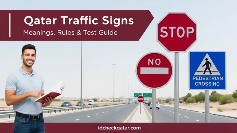 Qatar traffic signs 2025 guide – stop sign, no entry, pedestrian crossing, and driving test preparation with idcheckqatar.com branding.