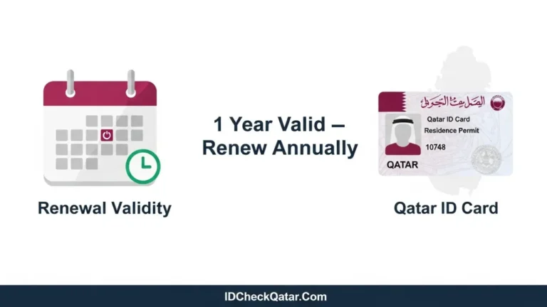 Qatar Residence Permit for Domestic Workers | 2025 Complete Guide 6 Renewal and validity of Qatar Residence Permit for domestic workers – infographic with calendar and Qatar ID card highlighting 1-year renewal rule.