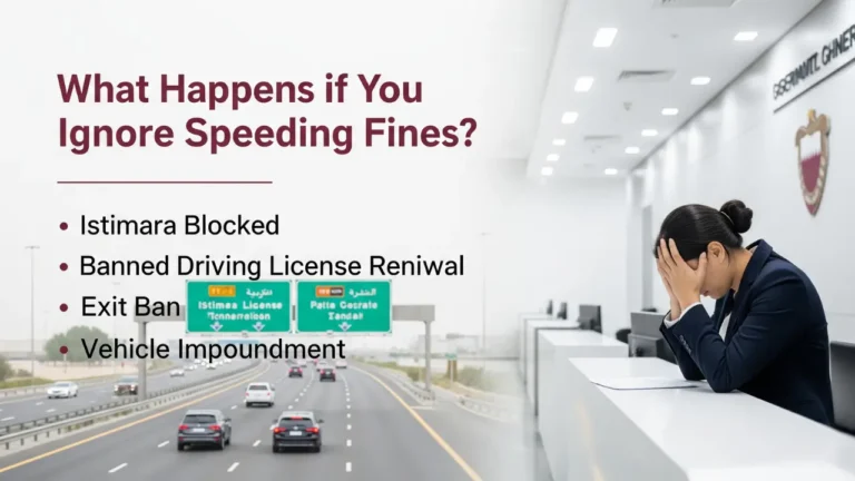 Qatar Speeding Fines 2025 – Avoid Costly Penalties Now 3 Consequences of ignoring Qatar speeding fines – blocked Istimara, banned license renewal, exit ban, and vehicle impoundment.