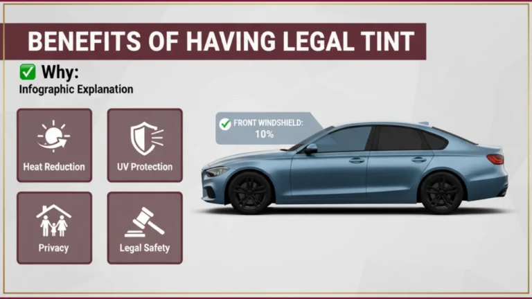Car Tint Permit in Qatar – Legal Limits, Permit & Fine 6 Infographic listing benefits of having legal car tint in Qatar including heat reduction, UV protection, privacy, and legal safety compliance.