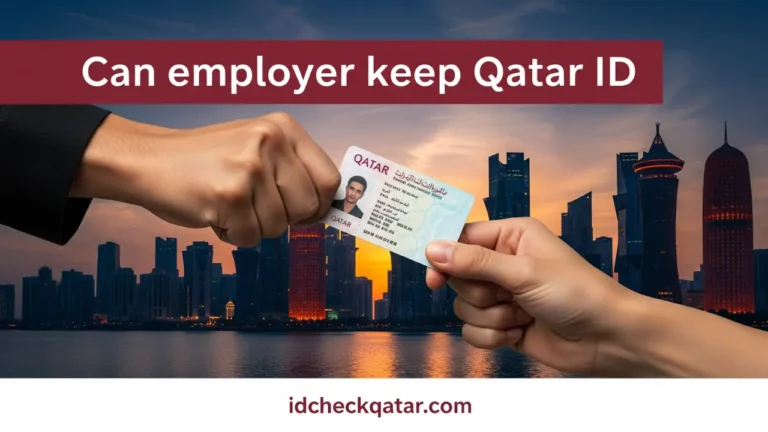 Employer holding Qatar ID card against employee hand with Doha city skyline in background – legal guide on can employer keep Qatar ID from idcheckqatar.com