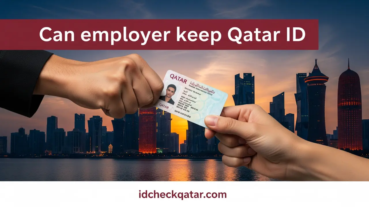 Can Employer Keep Qatar ID? 2025 Legal Rules Explained 1 Employer holding Qatar ID card against employee hand with Doha city skyline in background – legal guide on can employer keep Qatar ID from idcheckqatar.com