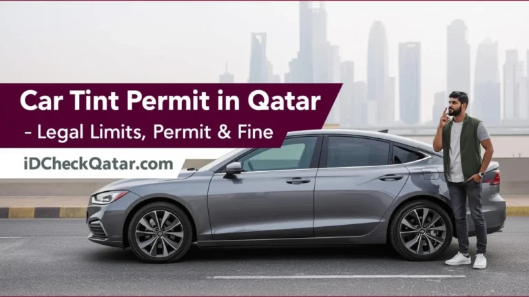 Professional thumbnail banner for car tint permit in Qatar article showing modern car, Doha skyline, and man standing beside car with branding idcheckqatar.com.