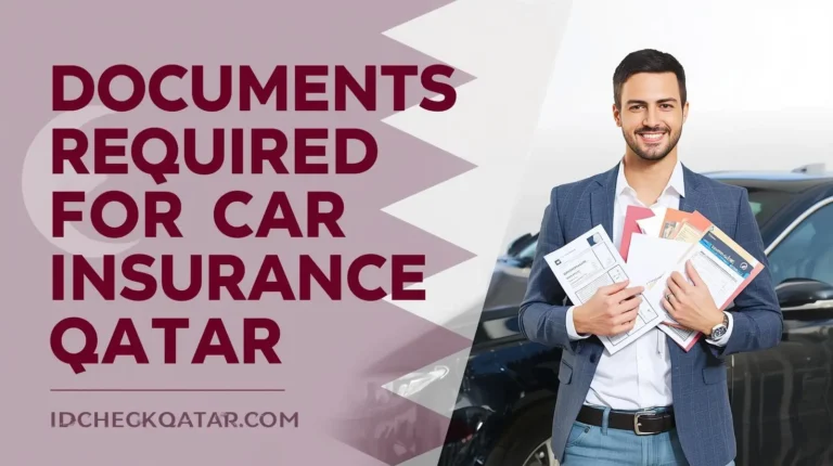 Smiling man in business casual suit holding Qatar ID, Istimara, and car insurance documents in front of a black car, with bold maroon text reading ‘Documents Required for Car Insurance Qatar’ and idcheckqatar.com branding, professional thumbnail design for 2025 guide.