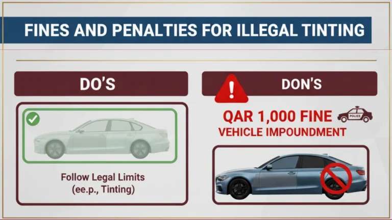 Car Tint Permit in Qatar – Legal Limits, Permit & Fine 5 Infographic showing fines and penalties for illegal car tinting in Qatar with QAR 1,000 fine, vehicle impoundment, and compliance dos and don’ts.