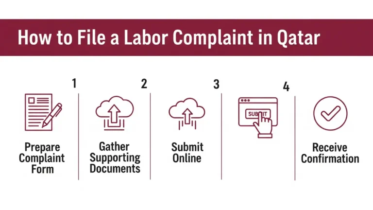 What to Do If Employer Is Holding Your Qatar ID in 2025 – Rights & Solutions 3 Step-by-step infographic on how to file a labor complaint in Qatar – prepare complaint form, gather supporting documents, submit online, and receive confirmation.