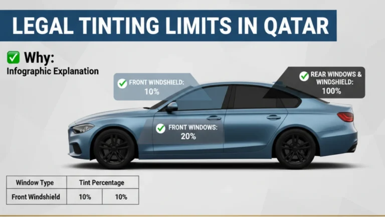 Car Tint Permit in Qatar – Legal Limits, Permit & Fine 2 Infographic showing legal car tinting limits in Qatar with 10% for front windshield, 20% for front windows, and 100% for rear windows in 2025.