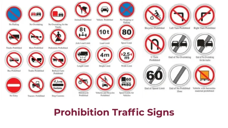 Qatar Traffic Signs 2025 – Meanings, Rules & Driving Test Guide 3 Qatar prohibition traffic signs – no parking, no overtaking, no entry, load limit, height limit, pedestrian prohibited, bicycle prohibited, and speed limits.