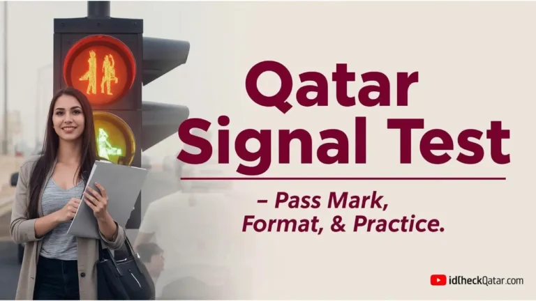A woman holding study material standing beside a traffic light, with bold text Qatar Signal Test – Pass Mark, Format, & Practice, representing driving licence preparation in Qatar.