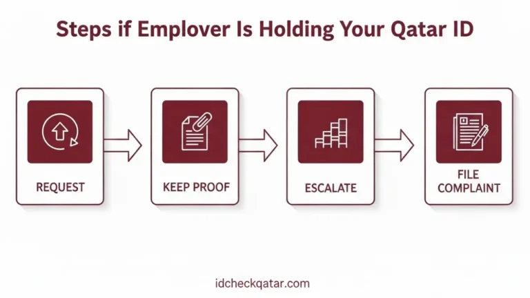 What to Do If Employer Is Holding Your Qatar ID in 2025 – Rights & Solutions 2 Infographic explaining steps if employer is holding your Qatar ID – request return, keep proof, escalate, and file complaint with authorities.