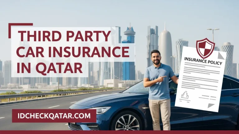 A man standing beside a car in Doha, pointing at an insurance policy document with a shield icon. Large maroon text reads “Third Party Car Insurance in Qatar” with idcheckqatar.com branding at the bottom.