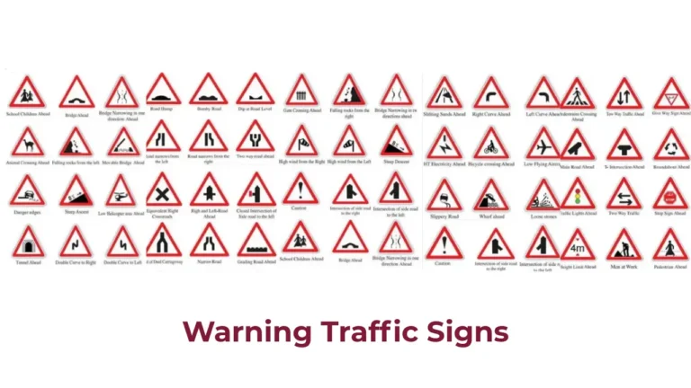 Qatar Traffic Signs 2025 – Meanings, Rules & Driving Test Guide 4 Qatar warning traffic signs – triangular signs for school zones, pedestrian crossing, camel crossing, road narrows, slippery road, steep slope, and roadworks.