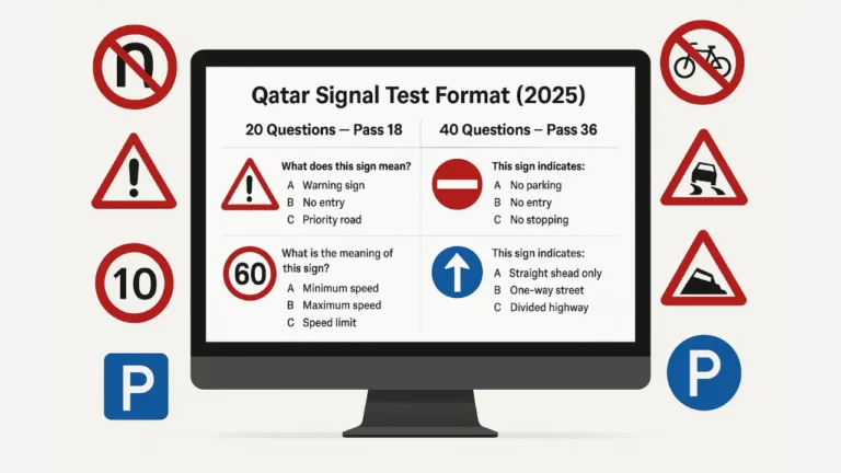 Qatar Signal Test 2025 – Pass Mark, Format & Practice 3 Qatar Signal Test Format 2025 infographic showing 20 and 40 question formats with multiple choice traffic sign questions, including stop, no entry, and speed limit signs.
