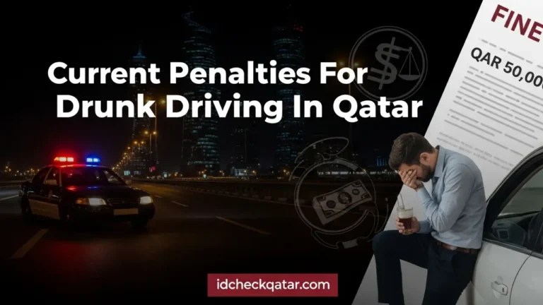 A worried man leaning on his car with a drink in hand, next to a police car on a Qatar highway at night, symbolizing current penalties and fines for drunk driving in Qatar.