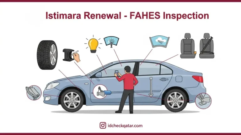 FAHES inspection checklist for Istimara renewal in Qatar showing car parts under inspection including tires, lights, windshield, and seatbelts | idcheckqatar.com