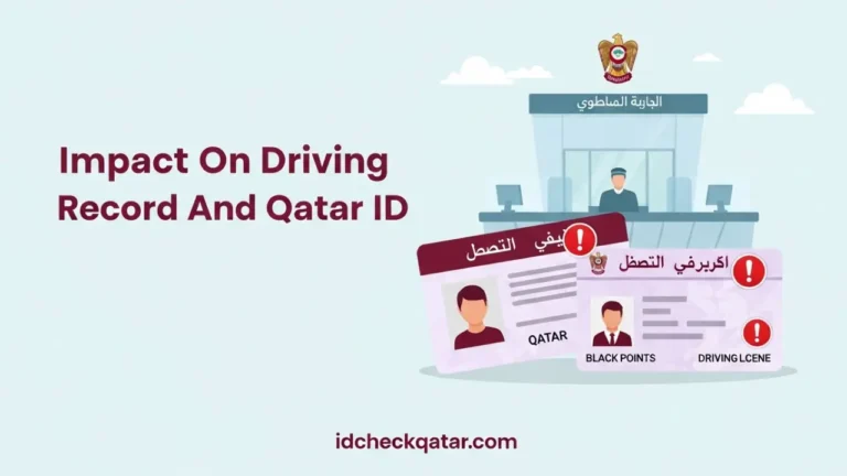 Illustration of Qatar ID and driving license cards with warning icons near a police station, explaining the impact of drunk driving violations on driving records and Qatar ID.
