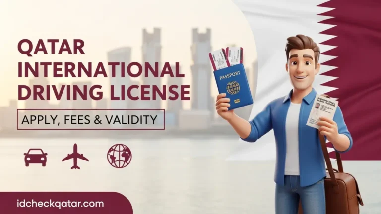 Hero thumbnail of Qatar international driving license featuring traveler holding passport and IDP booklet with Doha skyline, Qatar flag, and idcheckqatar.com branding.