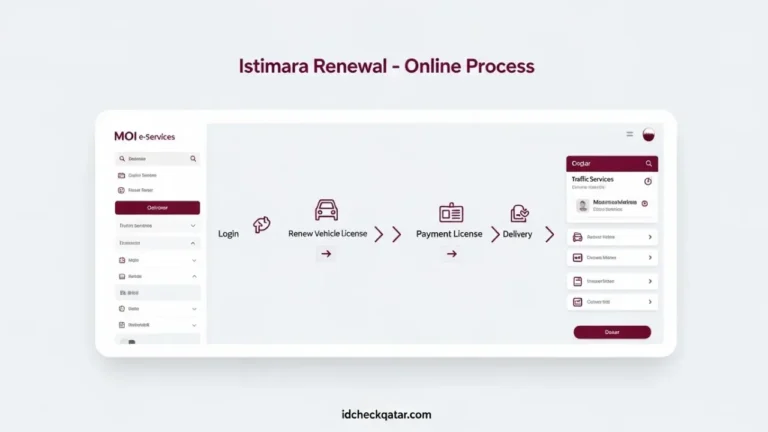 MOI e-services portal steps for Istimara renewal in Qatar – login, renew vehicle license, pay fee, and card delivery process diagram | idcheckqatar.com