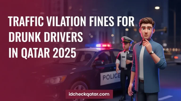 A driver standing near a police car with flashing lights on a Doha road, representing traffic violation fines for drunk drivers in Qatar, branded with idcheckqatar.com.