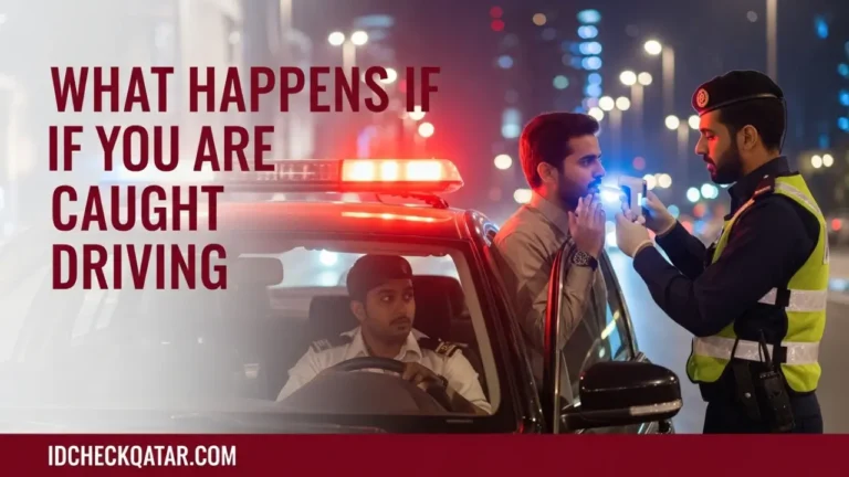 A Qatar traffic officer giving a breathalyzer test to a driver beside a police car with red and blue lights, showing what happens if you are caught drunk driving in Qatar.