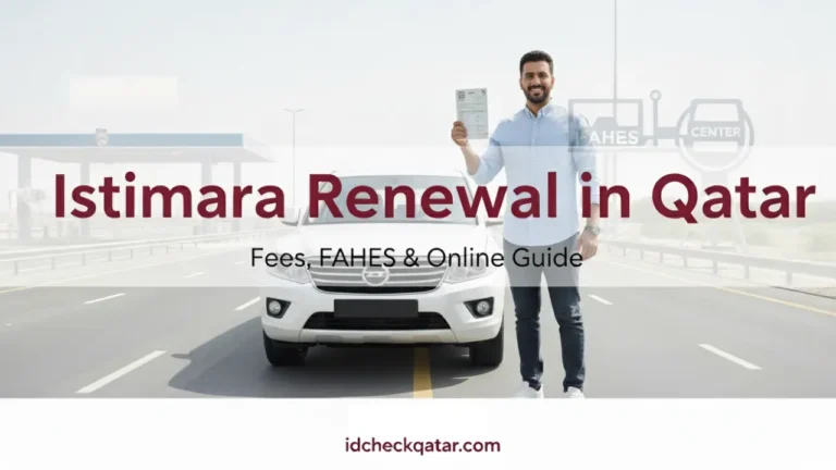 Man standing beside car holding vehicle registration card after Istimara renewal in Qatar – FAHES center background showing successful renewal process | idcheckqatar.com