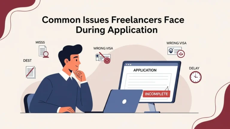 Illustration of freelancer facing an incomplete Qatar ID application on a computer screen with icons for wrong visa, delay, and missing documents.