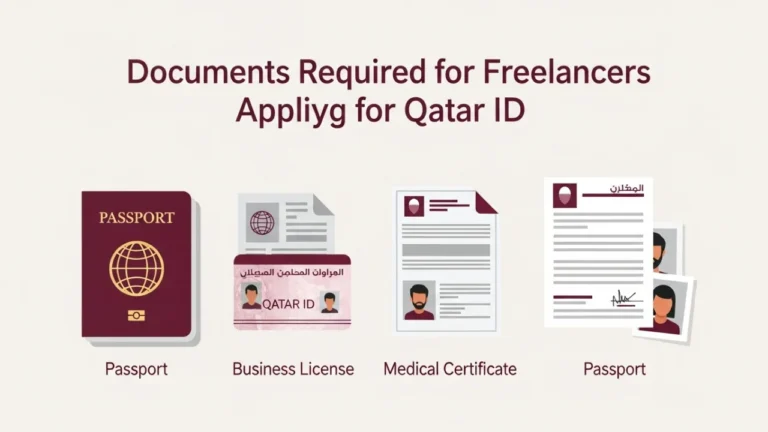 Illustration showing main documents for Qatar ID: passport, business license, medical certificate, and passport photos, labeled clearly.