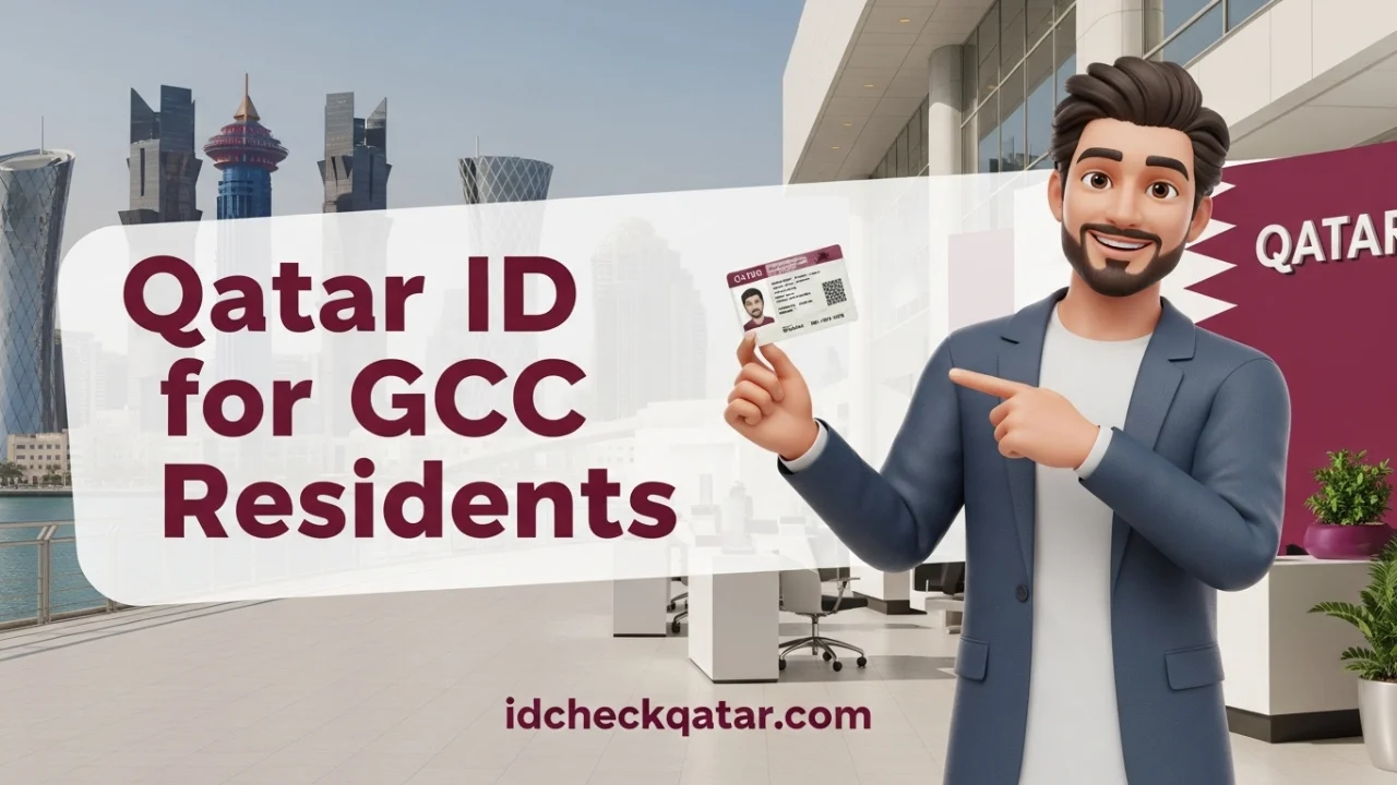 Qatar ID for GCC Residents: Eligibility, Fees, Steps 1 Illustration of a GCC resident holding a Qatar ID card in front of Doha skyline, representing the process of getting Qatar ID for GCC residents.