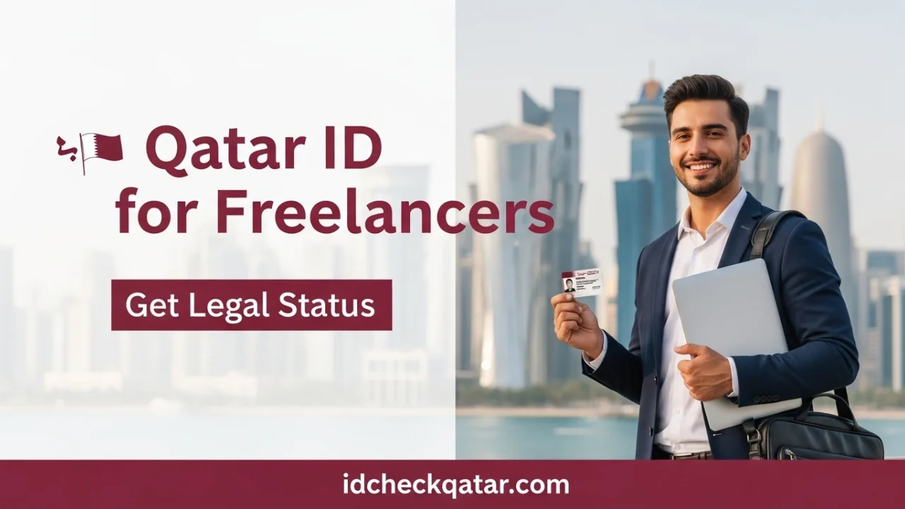 Smiling freelancer holding a Qatar ID card in front of the Doha skyline with text “Qatar ID for Freelancers – Get Legal Status” and idcheckqatar.com branding.