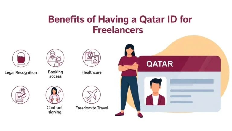 Infographic highlighting benefits of Qatar ID for freelancers: legal recognition, banking access, healthcare, contract signing, and travel freedom.