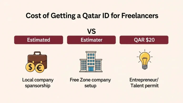 Comparison chart showing cost options for Qatar ID routes — local company sponsorship, free-zone company setup, and entrepreneur or talent permit.