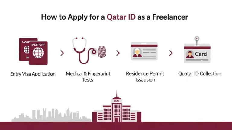 Infographic showing the process to apply for a Qatar ID: entry visa, medical and fingerprint tests, residence permit issuance, and Qatar ID collection.